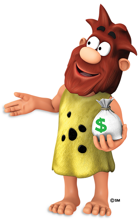 Ug the Caveman holding a bag of money