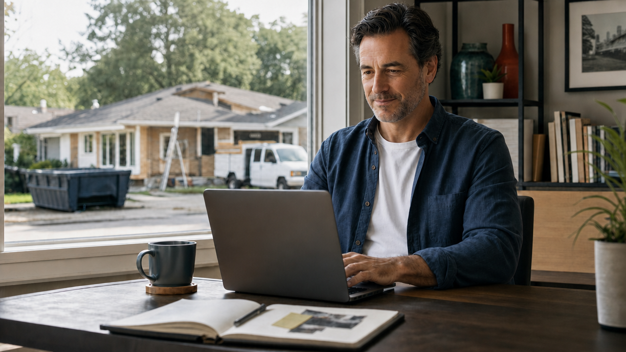 Real estate investor working on a laptop at a home office desk, with a house under renovation visible through the window