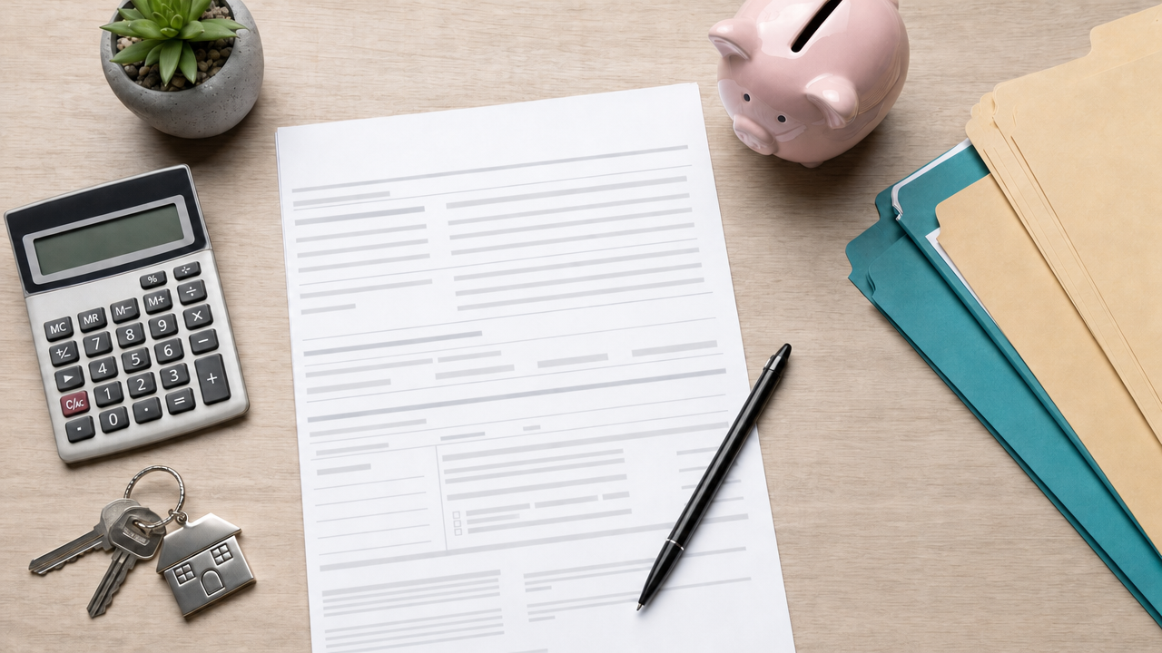Loan application paperwork on a desk with a calculator, house keys, a piggy bank and file folders