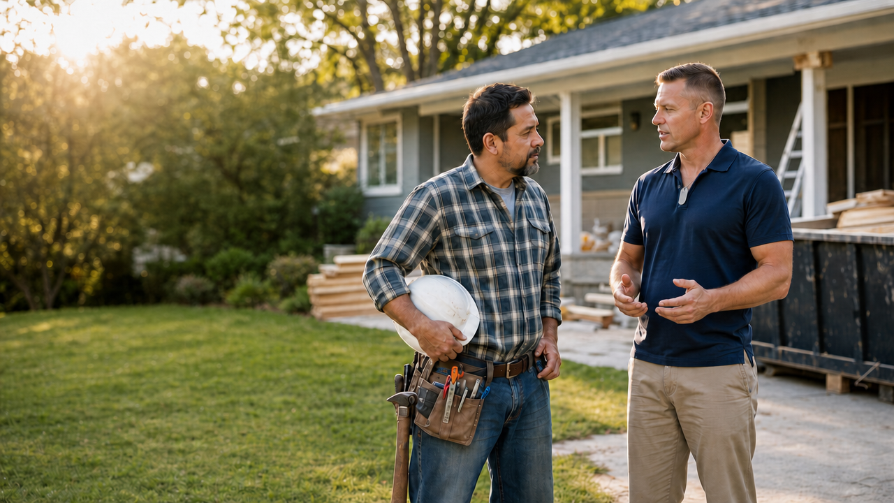 Military veteran in business-casual clothes talking with a contractor outside a house under renovation