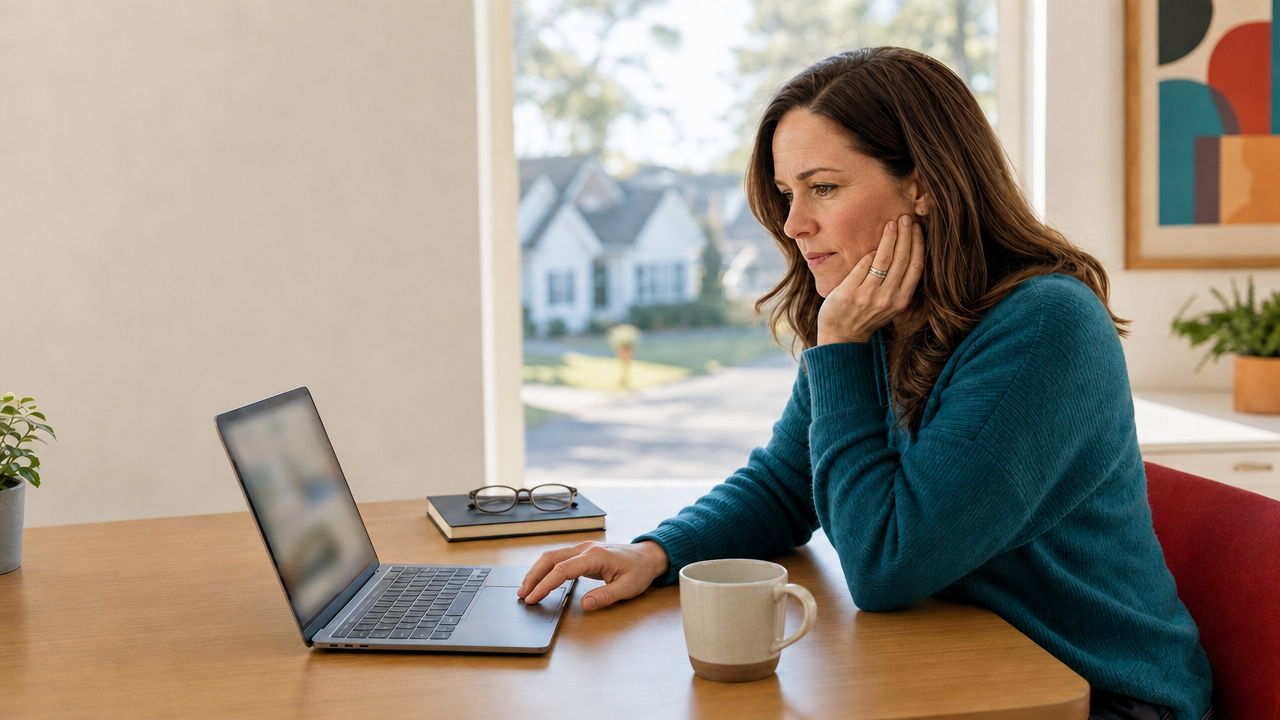 Prospective franchise owner researching on a laptop at a home desk with a coffee mug and reading glasses