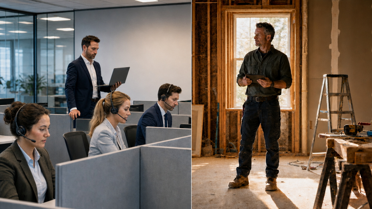 Split image comparing real estate agents at office desks with an investor inside a house under renovation
